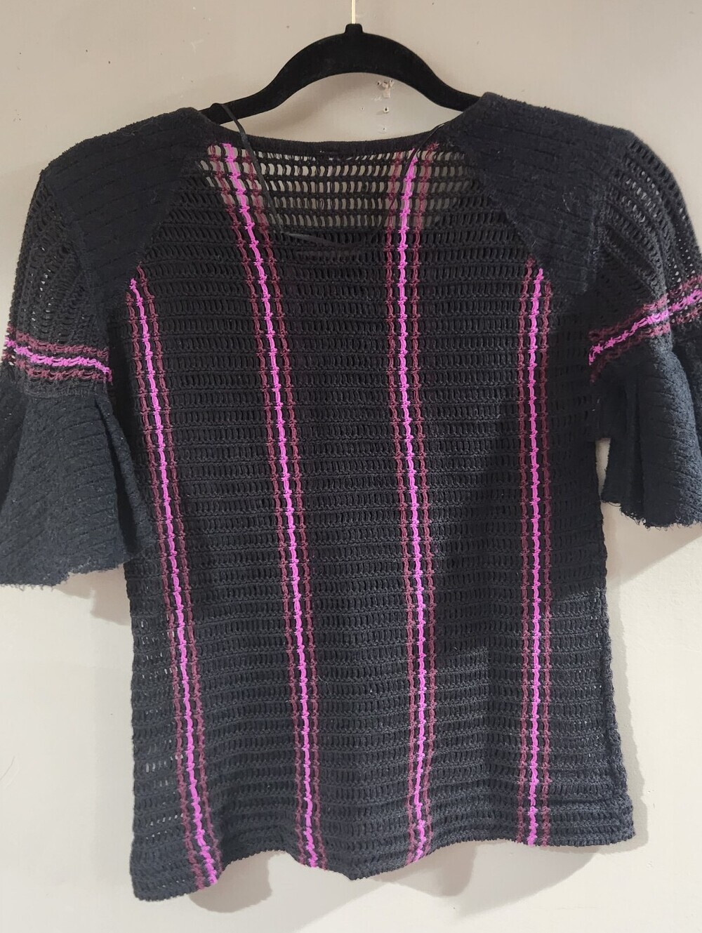 Free People Babes Only Full Crochet Sheer Top in Black Hot Pink, Side Tie Sz Sm